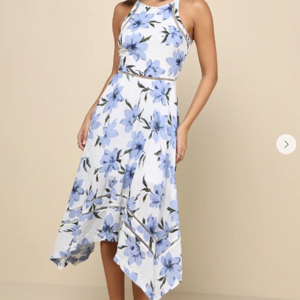 Lulus Zahara Blue and White Floral Print Midi Dress Size XS
